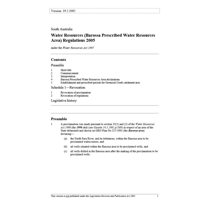 Water Resources (Barossa Prescribed Water Resources Area) Regulations 2005