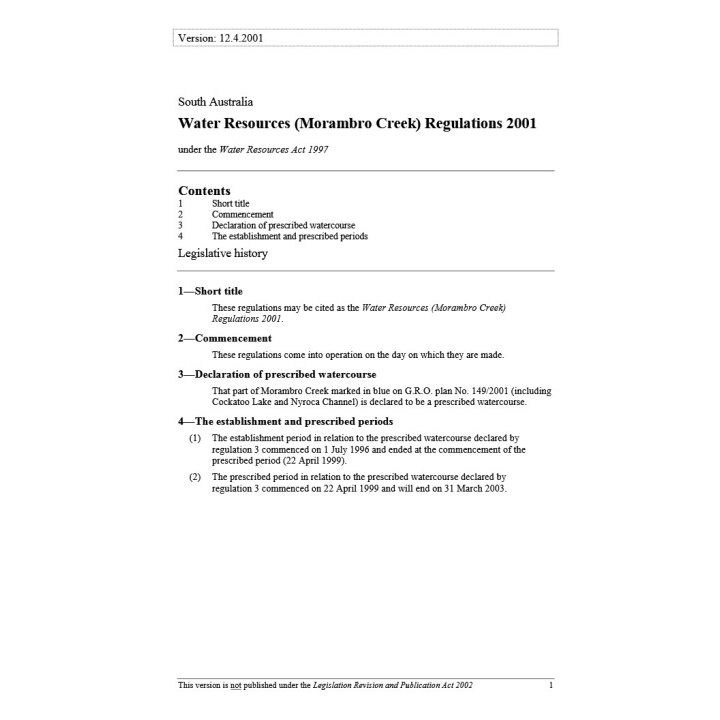 Water Resources (Morambro Creek) Regulations 2001