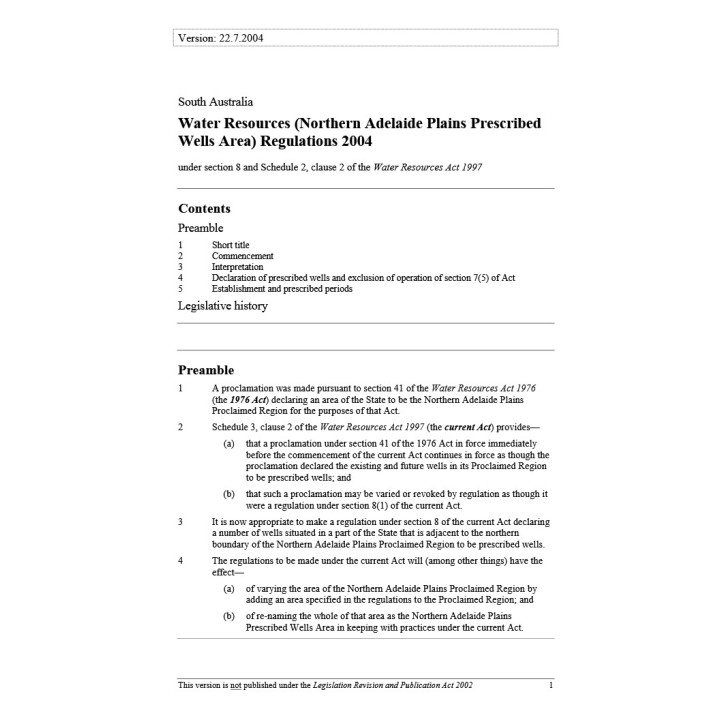Water Resources (Northern Adelaide Plains Prescribed Wells Area) Regulations 2004