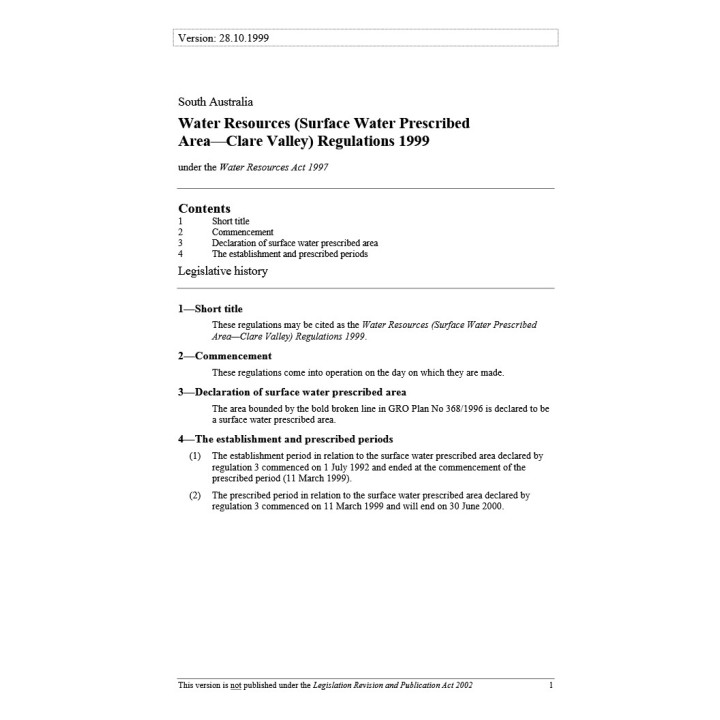 Water Resources (Surface Water Prescribed Area - Clare Valley) Regulations 1999