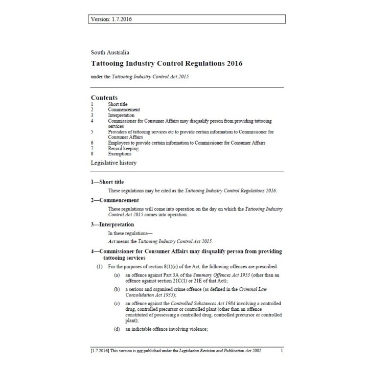 Tattooing Industry Control Regulations 2016