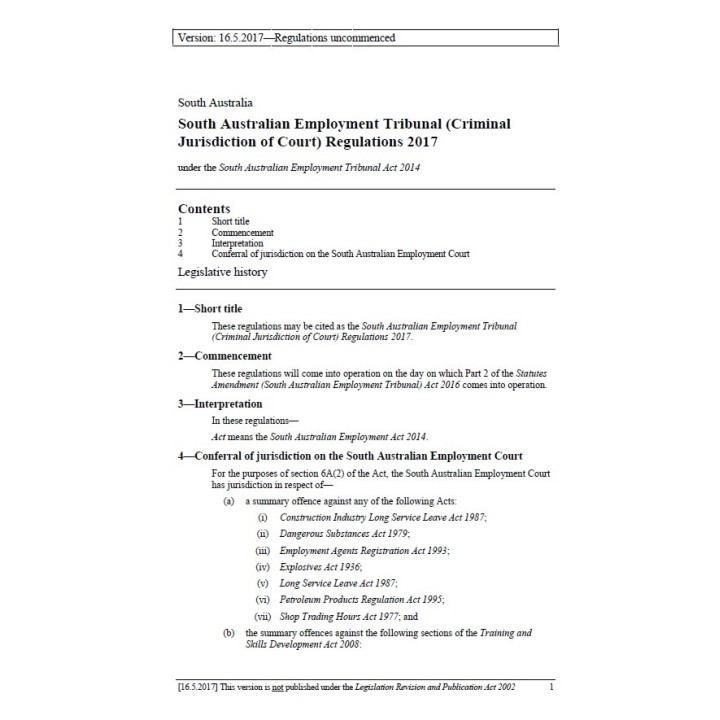 South Australian Employment Tribunal (Criminal Jurisdiction of Court) Regulations 2017