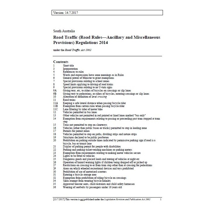 Road Traffic (Road Rules - Ancillary and Miscellaneous Provisions) Regulations 2014