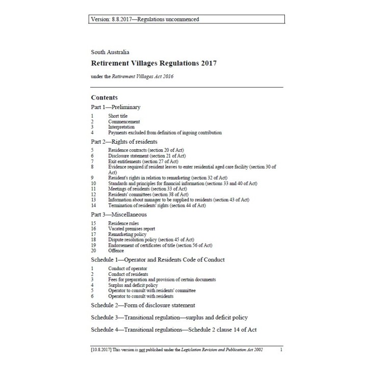 Retirement Villages Regulations 2017