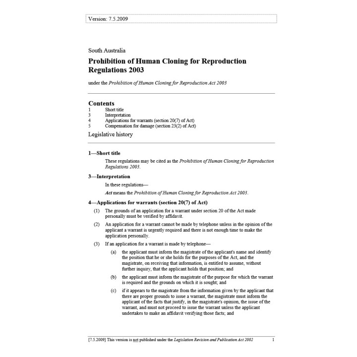 Prohibition of Human Cloning for Reproduction Regulations 2018