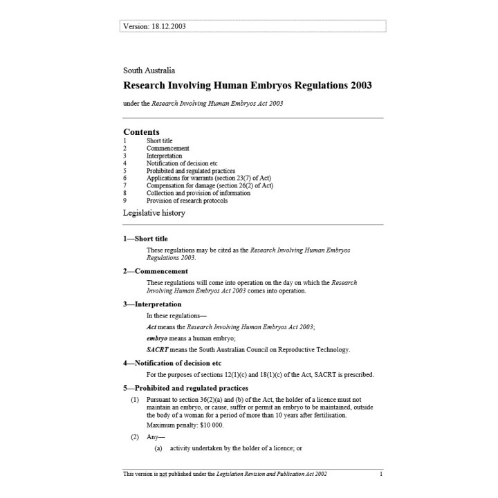 Research Involving Human Embryos Regulations 2018