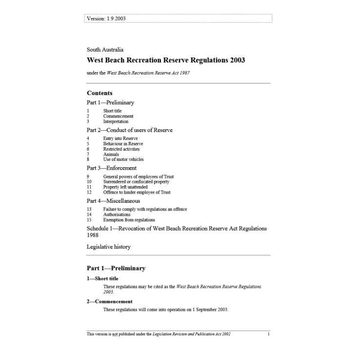 West Beach Recreation Reserve Regulations 2018