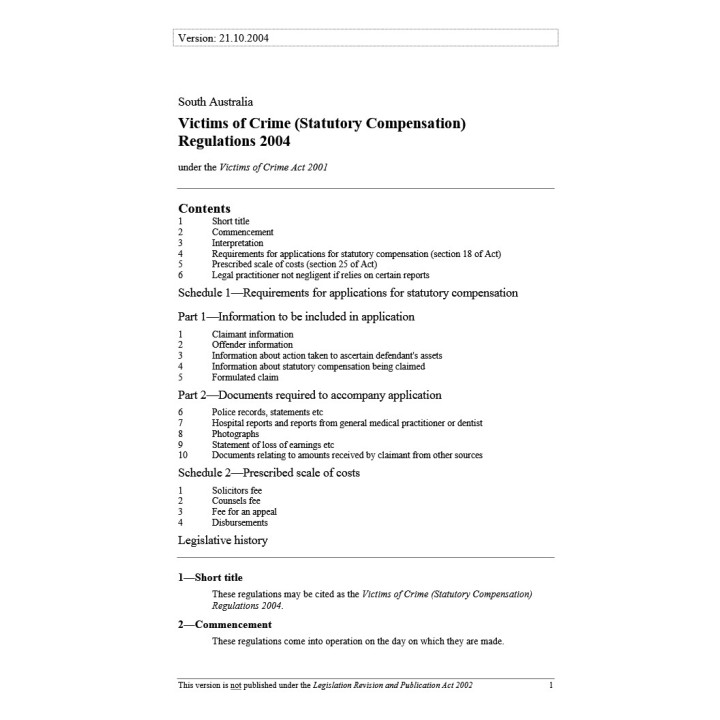 Victims of Crime (Statutory Compensation) Regulations 2019