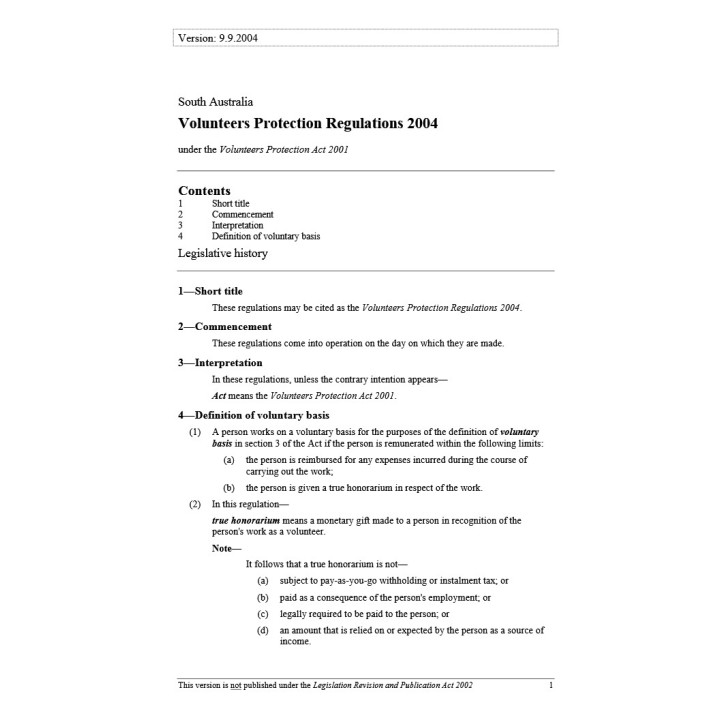 Volunteers Protection Regulations 2019