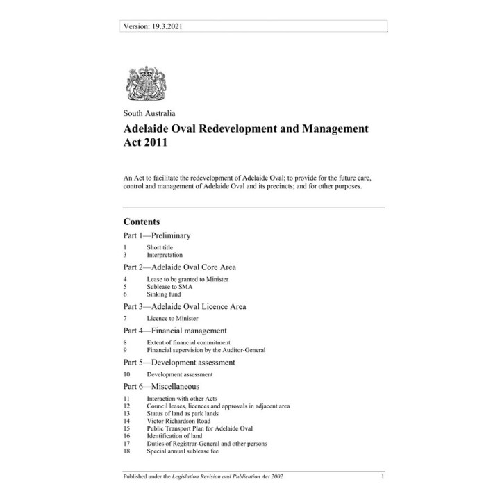 Adelaide Oval Redevelopment and Management Act 2011