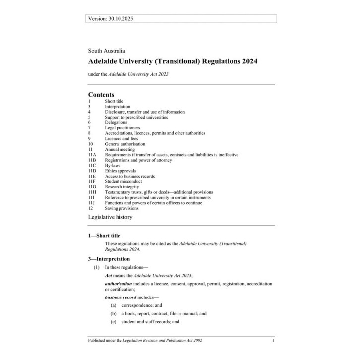 Adelaide University (Transitional) Regulations 2024