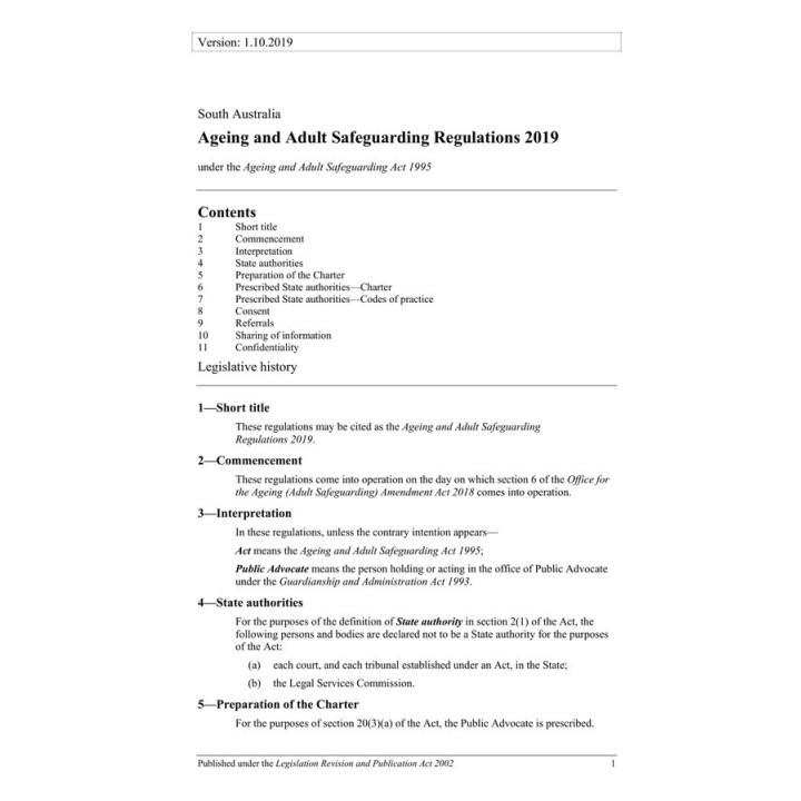 Ageing and Adult Safeguarding Regulations 2019