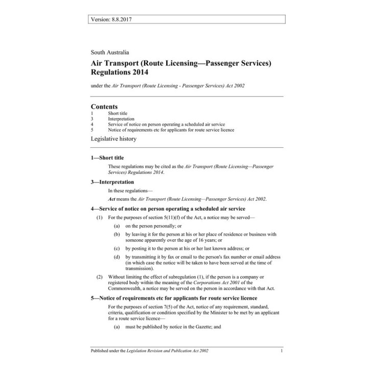 Air Transport (Route Licensing - Passenger Services) Regulations 2014