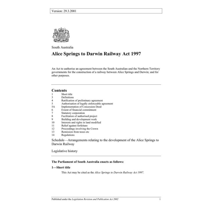 Alice Springs to Darwin Railway Act 1997