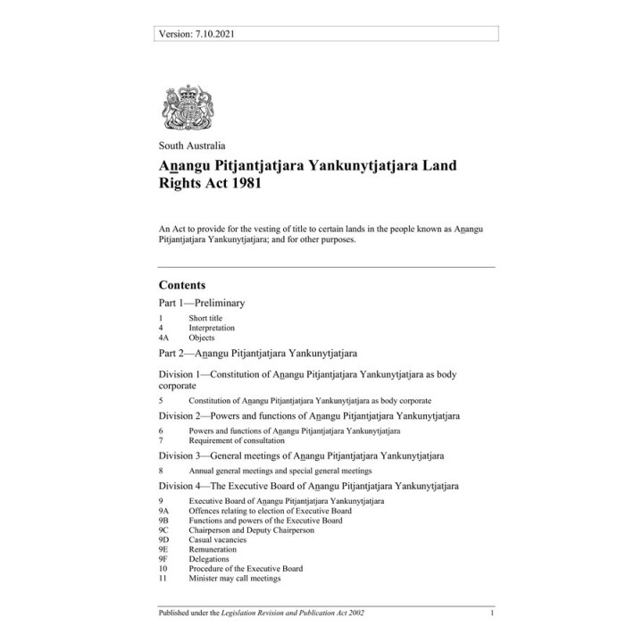Anangu Pitjantjatjara Yankunytjatjara Land Rights Act 1981