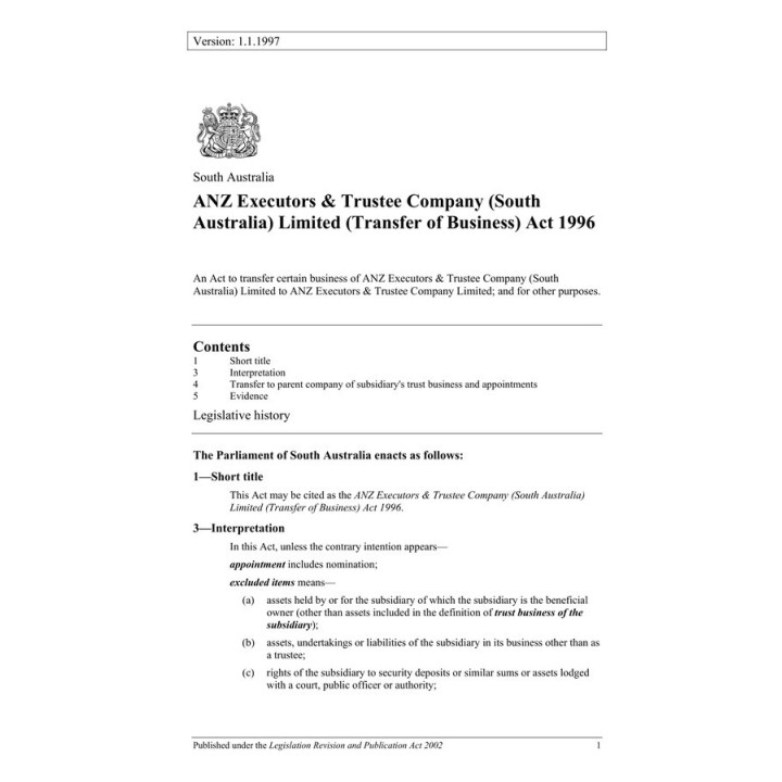 ANZ Executors & Trustee Company (South Australia) Limited (Transfer of Business) Act 1996