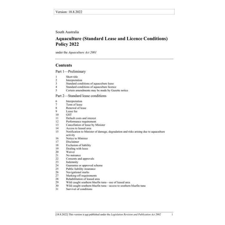 Aquaculture (Standard Lease and License Conditions) Policy 2022