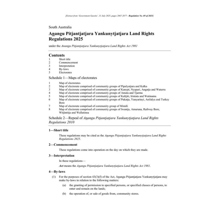 Anangu Pitjantjatjara Yankunytjatjara Land Rights Regulations 2025