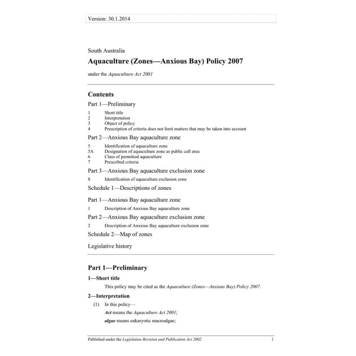 Aquaculture (Zones - Anxious Bay) Policy 2007