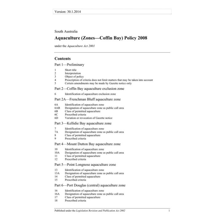 Aquaculture (Zones - Coffin Bay) Policy 2008