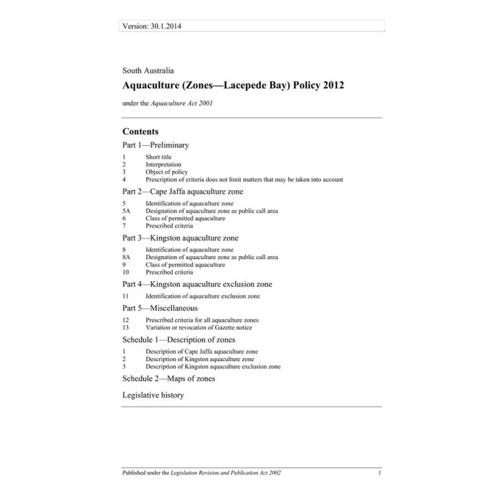 Aquaculture (Zones - Lacepede Bay) Policy 2012