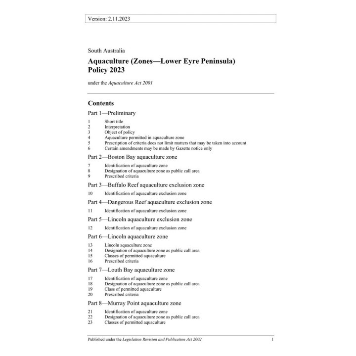 Aquaculture (Zones - Lower Eyre Peninsula) Policy 2023