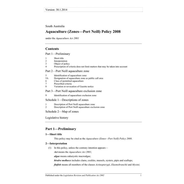 Aquaculture (Zones - Port Neill) Policy 2008