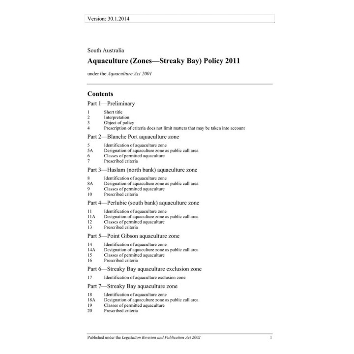 Aquaculture (Zones - Streaky Bay) Policy 2011