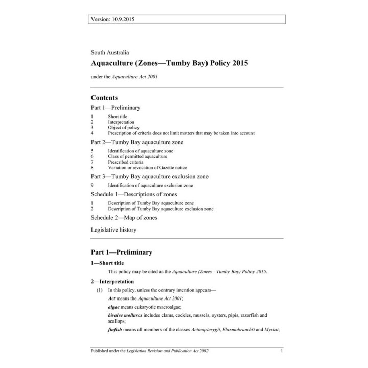 Aquaculture (Zones - Tumby Bay) Policy 2015