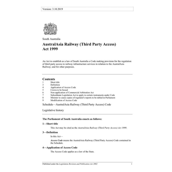 AustralAsia Railway (Third Party Access) Act 1999
