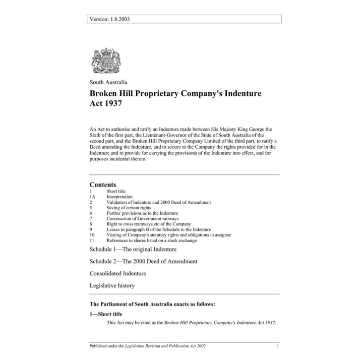 Broken Hill Proprietary Companys Indenture Act 1937
