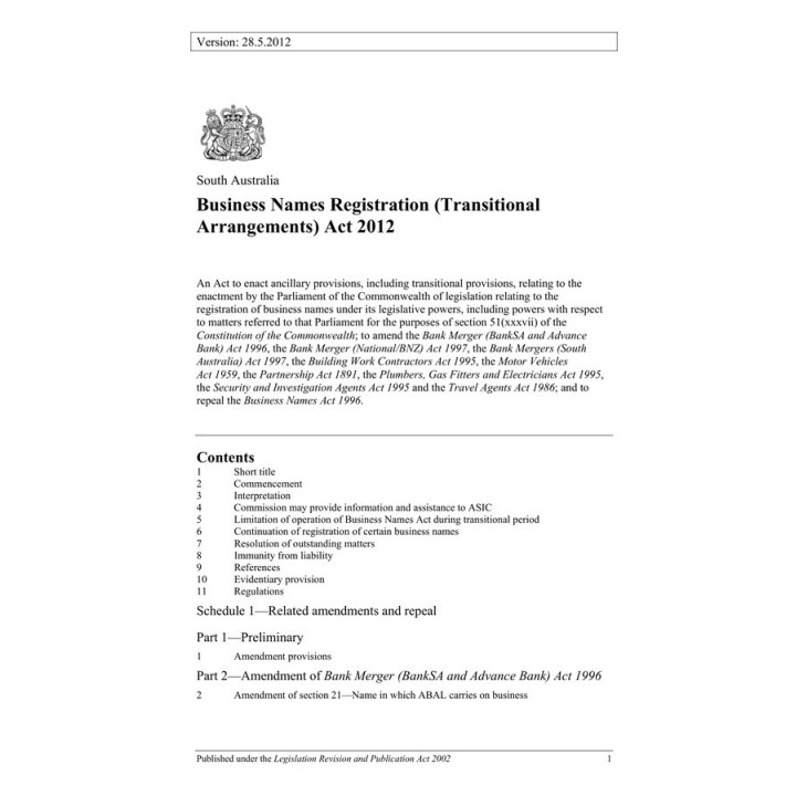 Business Names Registration (Transitional Arrangements) Act 2012