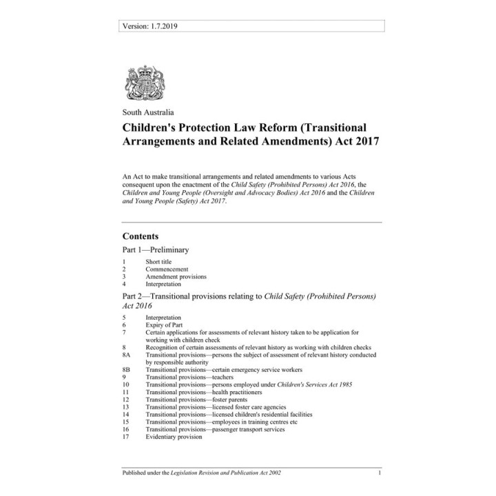Children's Protection Law Reform (Transitional Arrangements and Related Amendments) Act 2017