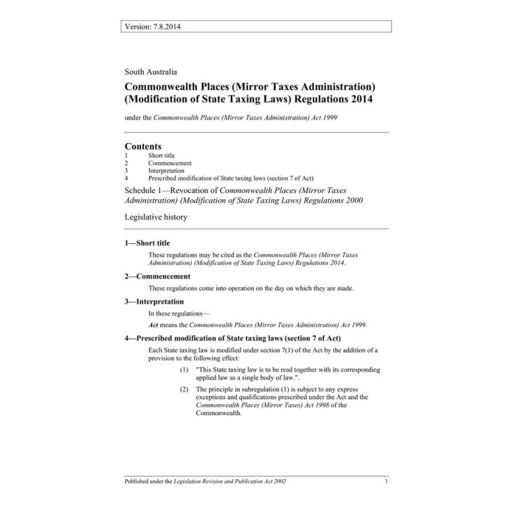 Commonwealth Places (Mirror Taxes Administration) (Modification of State Taxing Laws) Regulations 2014