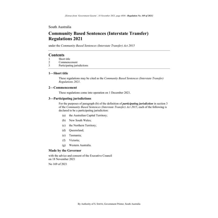 Community Based Sentences (Interstate Transfer) Regulations 2021