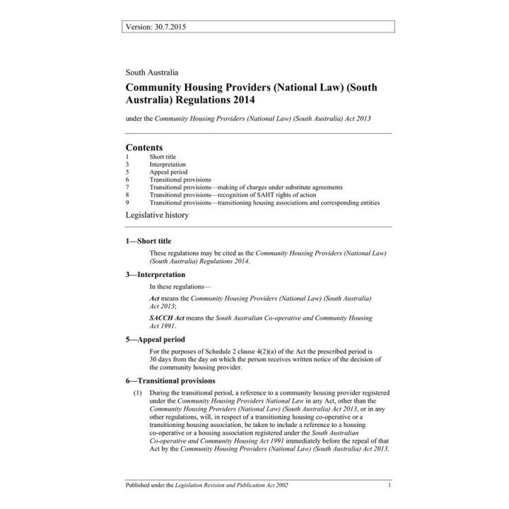 Community Housing Providers (National Law) (South Australia) Regulations 2014