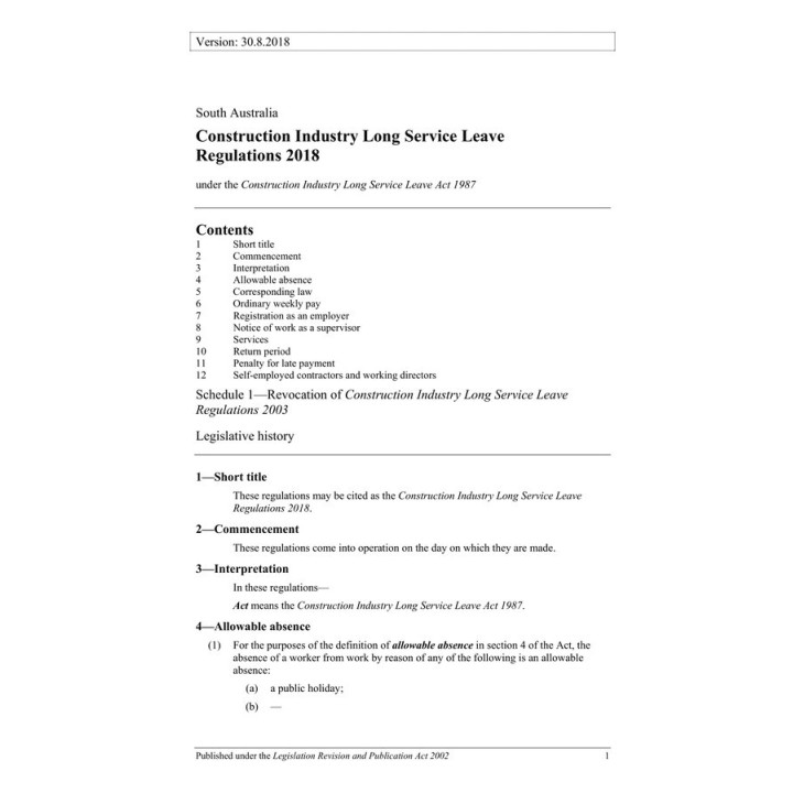 Construction Industry Long Service Leave Regulations 2018