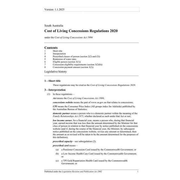 Cost of Living Concessions Regulations 2020
