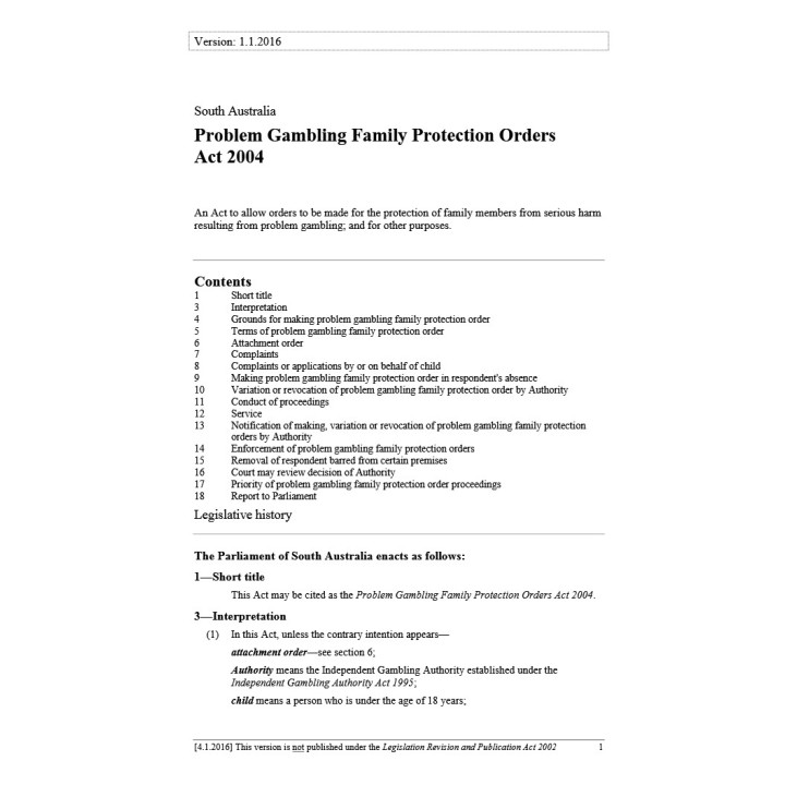 Problem Gambling Family Protection Orders Act 2004