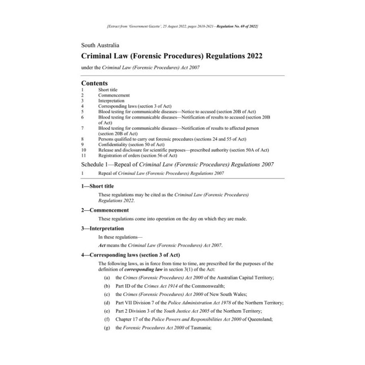 Criminal Law (Forensic Procedures) Regulations 2022