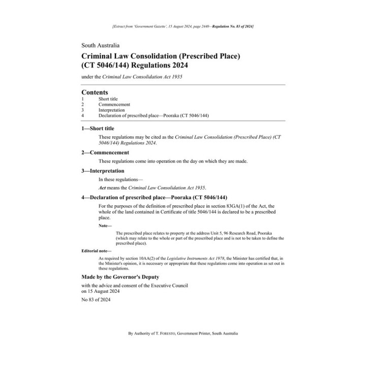 Criminal Law Consolidation (Prescribed Place) (CT 5046/144) Regulations 2024
