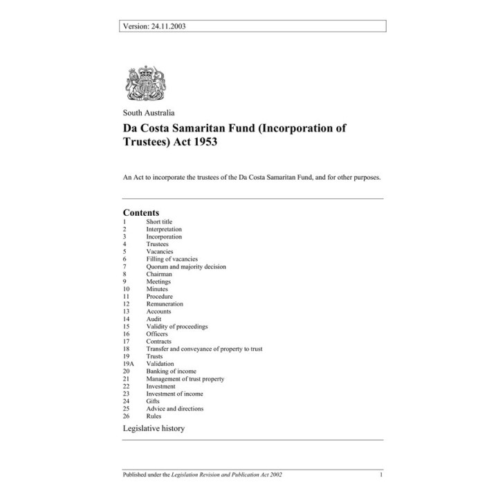 Da Costa Samaritan Fund (Incorporation of Trustees) Act 1953