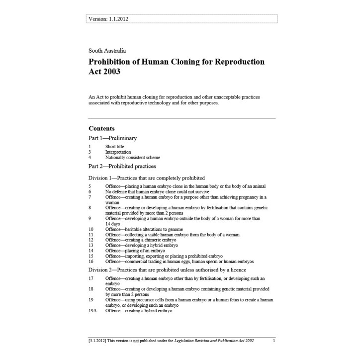 Prohibition of Human Cloning for Reproduction Act 2003