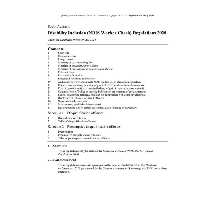 Disability Inclusion (NDIS Worker Check) Regulations 2020