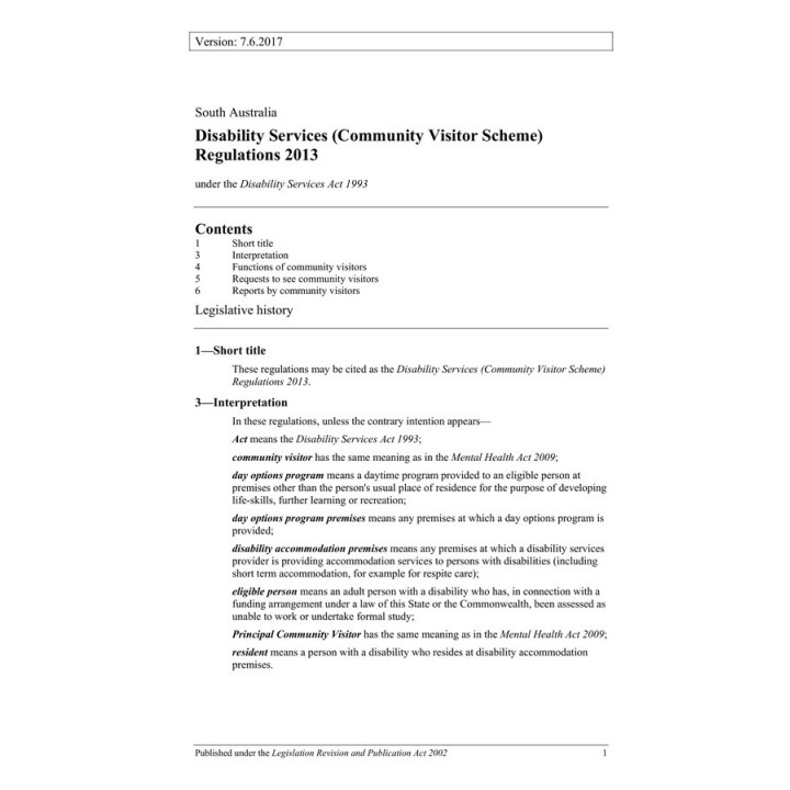 Disability Services (Community Visitor Scheme) Regulations 2013