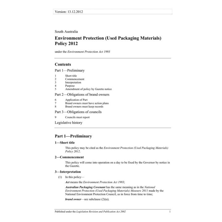 Environment Protection (Used Packaging Materials) Policy 2012