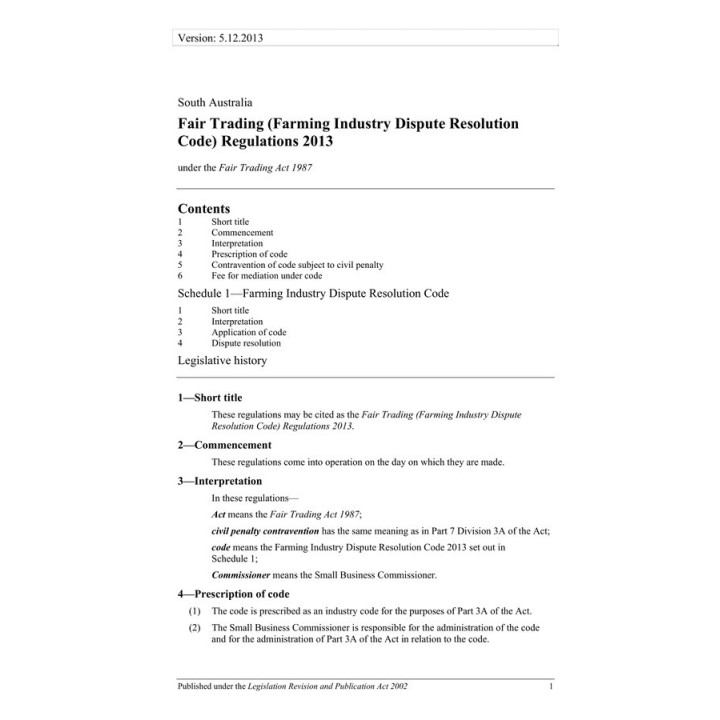 Fair Trading (Farming Industry Dispute Resolution Code) Regulations 2013