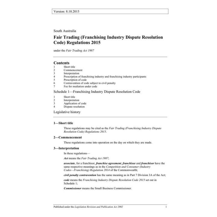 Fair Trading (Franchising Industry Dispute Resolution Code) Regulations 2015