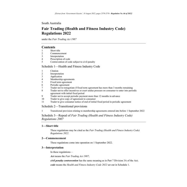 Fair Trading (Health and Fitness Industry Code) Regulations 2022