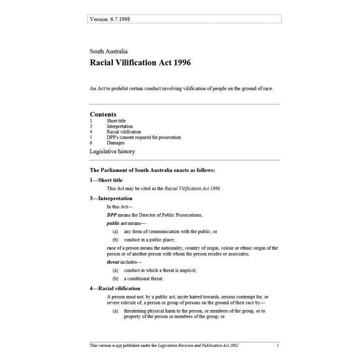 Racial Vilification Act 1996